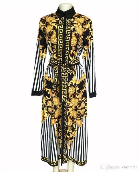 

gorgeous women designer dress stripe and gold floral print female dress belt ladies slim casual dress, Black;gray