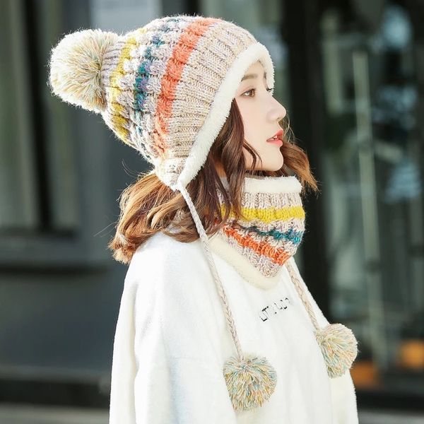 

2019 winter women's wool knit hat scarf autumn winter woman warm fur lining skullies cap lady comfortable soft two-piece beanies, Blue;gray