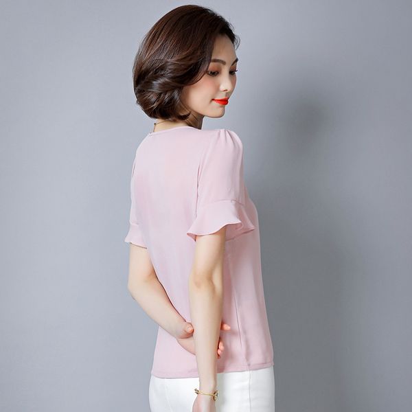 

p shoot large size chiffon shirt women's short sleeved 2019 summer new style crew neck lotus leaf lace-up joint bell sleeve, White