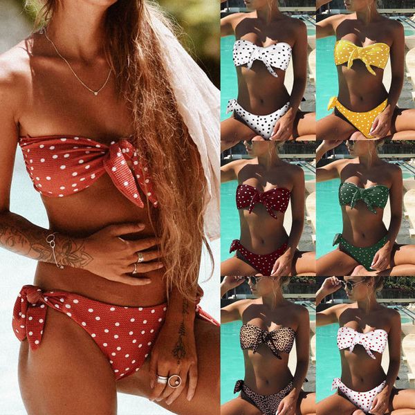 

2019 new style fashion ladies bikini set cut out padded bow dot women swimsuit low waist plus size