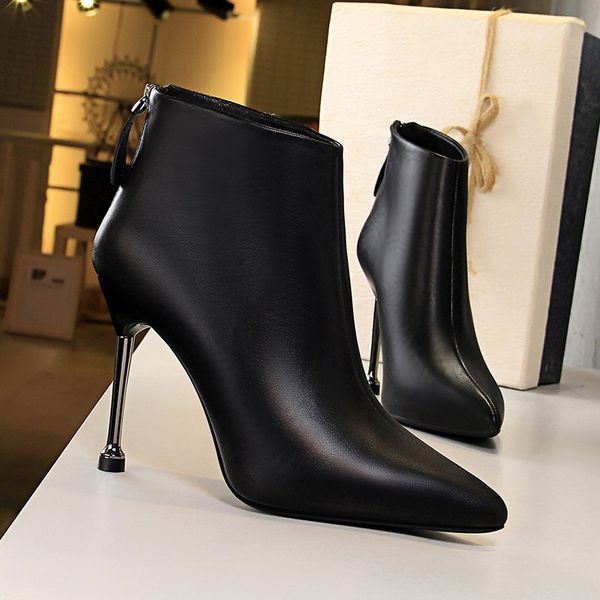 Venda quente-apontada êxteo sexy saltos altos tornozle botas para mulheres outono primavera moda festa vestido fino calcanhar botas curtas sapatos