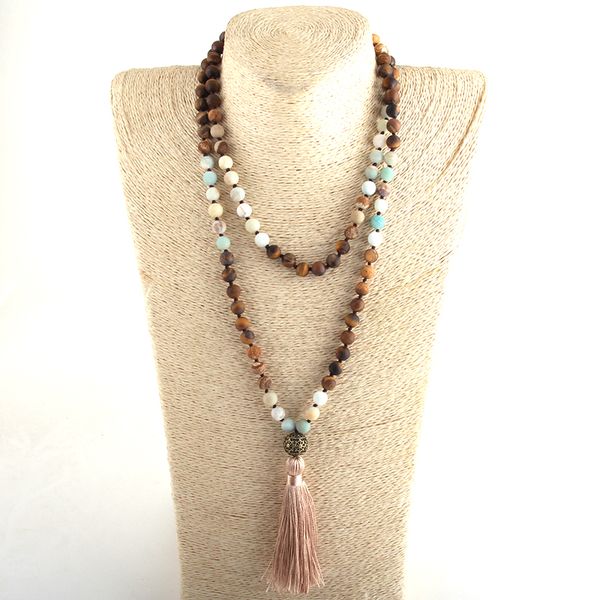 

moodpc fashion bohemian tribal jewelry 108 beads necklace 8mm natural stone tassel yoga necklace for women lariat necklaces, Silver