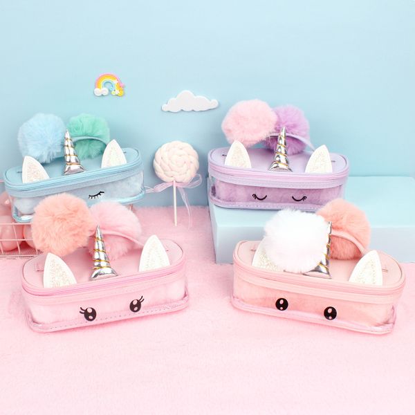 

2 pcs/set unicorn pencil case plush pink estuche escolar piornik szkolny large kawaii pencilcase kalem kutusu cartucheras lapice