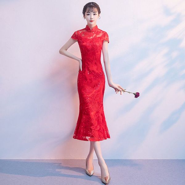 

chinese red bride wedding evening party dress classic women elegant mermaid cheongsam slim lace qipao vestidos size s-xxxl
