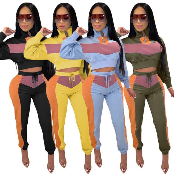 

womens designer tracksuits fashion contrast color zipper neck long sleeve two piece pants casual womens tracksuits, Gray