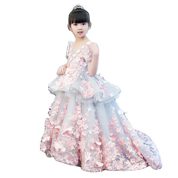 

new pink flower girls dresses long sleeves lace appliques vestidos de noiva formal party gowns for girls, Red;yellow
