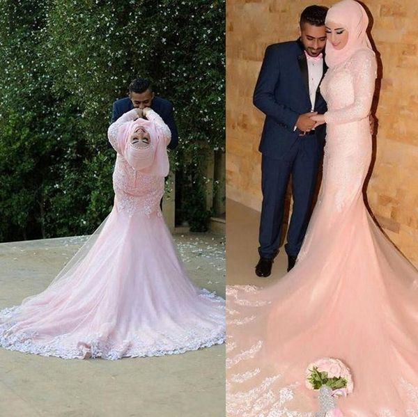 

wholesale prom dresses lace appliqued long sleeves high neck pearl pink muslim arabic evening dresses robe de soiree longue nouvelles, Black