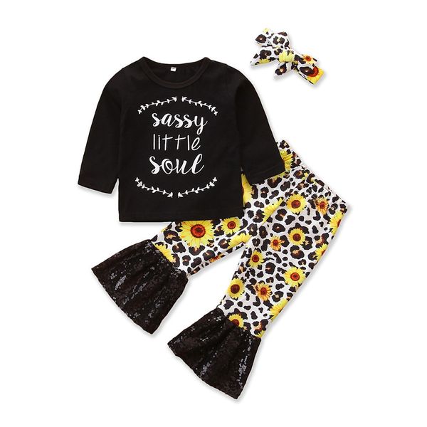 

toddler kids baby girl clothes set long sleeve + leopard bell bottom trousers flared pants 2pcs fall outfits set, White