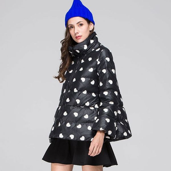 

winter black and white heart-shaped embroidery pattern down jacket female 2019 fashion loose warm stand collar coat women hj122