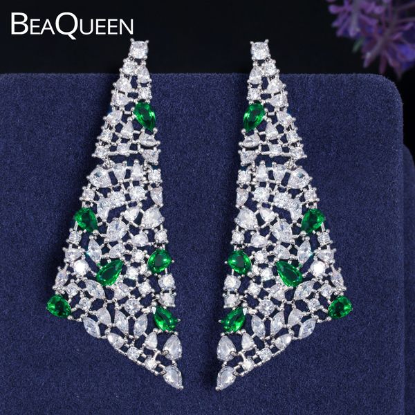 

beaqueen fashion triangle shape irregular cubic zirconia paved big drop green crystal earrings for women geometric jewelry e331, Silver