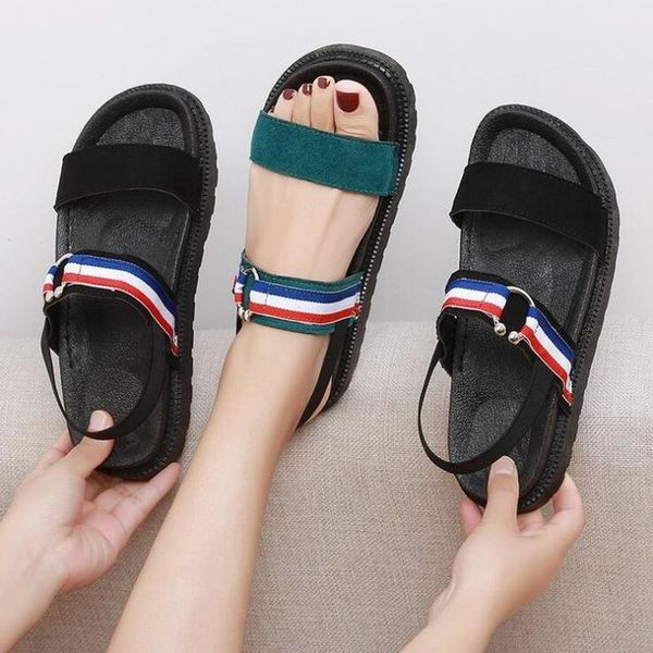 

vacation flat sandals summer beach shoes platform roman shoes sandalias mujer 2020 casual wedges striped chunky ladies sandals, Black