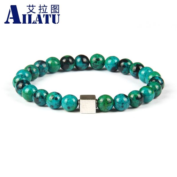 

ailatu brand wholesale 10pcs/lot vintage color square beaded bracelet with 8mm green stone beads not fade, Golden;silver