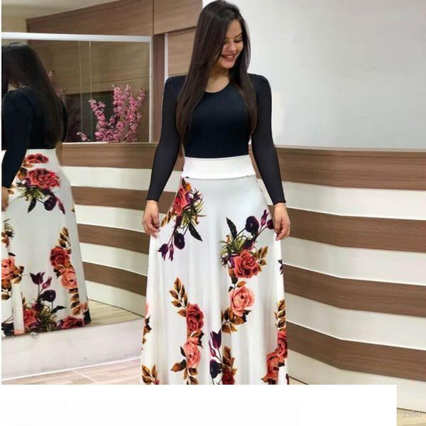 

2019 popular european and american flower print color blocking long sleeve dress long short skirt women's dress plus size wglyq55, Black;gray