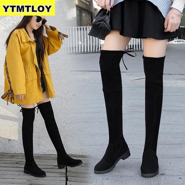 

women's boots autumn and winter new over the knee sleek minimalist comfort plus cotton flat flock thigh high boots, Black