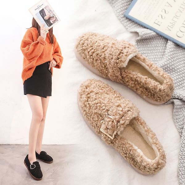 

all-match round toe shoes woman flats women casual female sneakers women's moccasins slip-on loafers fur dress slip on new, Black