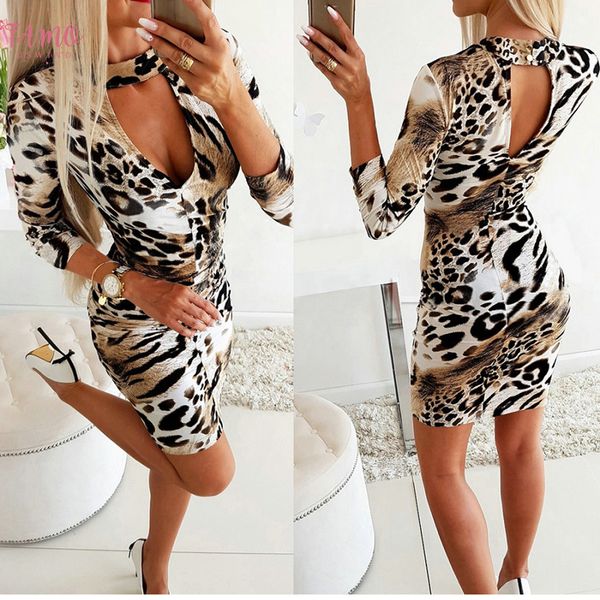 

elegant female slim long sleeve leopard mini dress party dress autumn backless low cut party mini dresses *, Black;gray