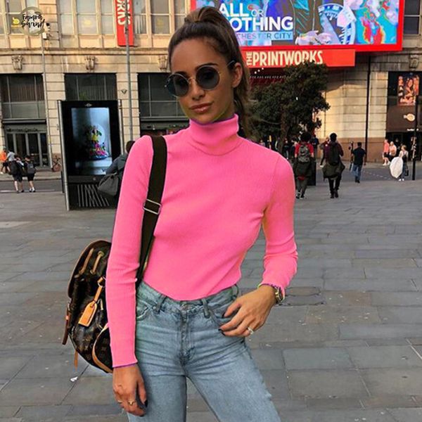 

ribbed long sleeve 2019 new fashion neon pink solid turtleneck linen casual t shirts pullover women streetwear, White