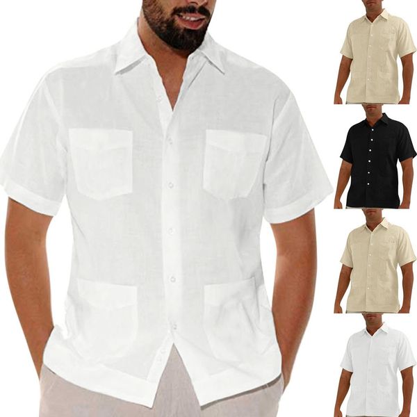 

are you sure not to buy it men's baggy cotton linen solid muti-pocket short sleeve turn-down collar shirts s-2xl purchasing, White;black