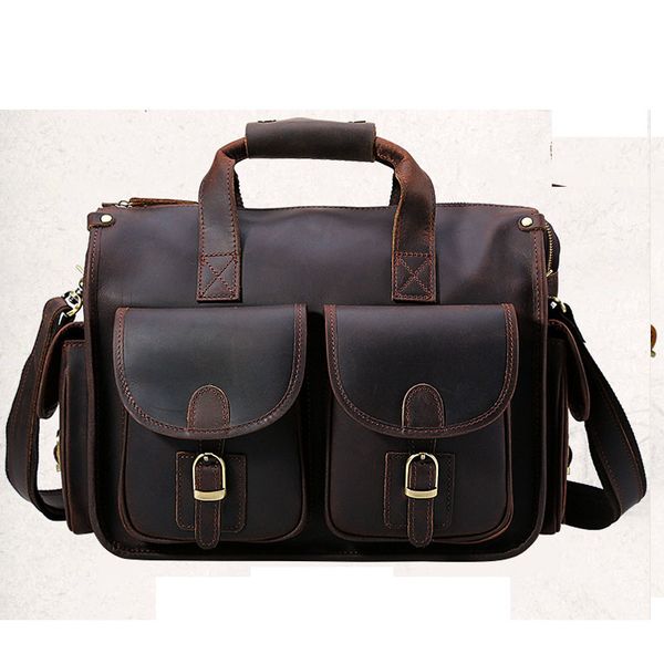 

men's briefcase genuine leather business travel 14" lapbig bags man briefcases cow leather vintage crossbody hand bag male