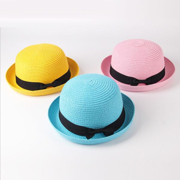 

summer parent-child beach hat female casual panama hat lady brand women flat brim bowknot straw cap girls sun hat 48-52-58cm, Blue;gray