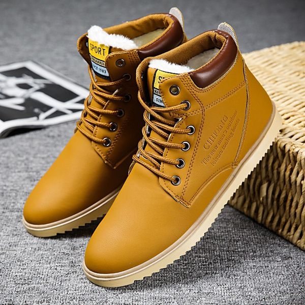 

autumn winter fashion leather ankle snow men boots shoes with fur plush warm male casual boot sneakers, Black