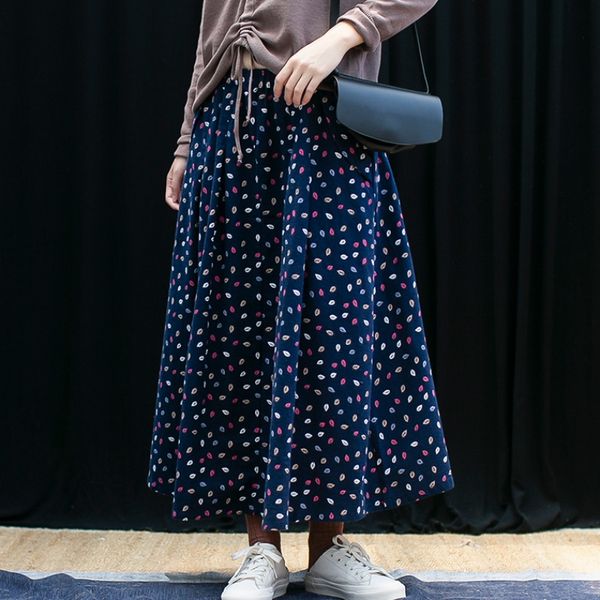 

vintage leaves print a-line waist elastic cotton skirt long saia with pockets, Black