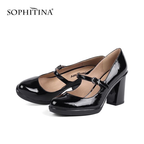 

sophitina high woman pumps glossy soft durable casual square heel round toe genuine leather shoes buckle strap pumps pc144, Black