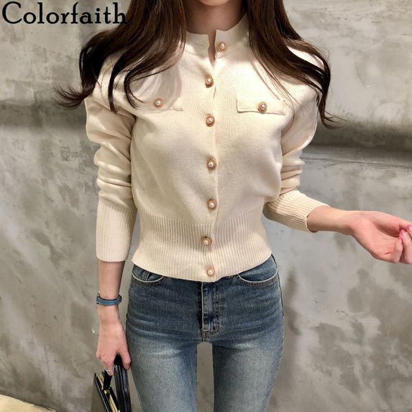 

colorfaith women's sweaters autumn winter 2019 cardigans knitted button single breasted fashion korean style solid sw7080, White