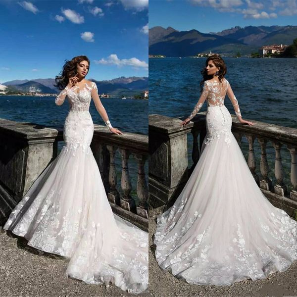 2020 ida torez русалка свадебные платья sheer спинки с длинным рукавом аппликация иллюзия лиф чешское лето пляжные свадебные платья, White