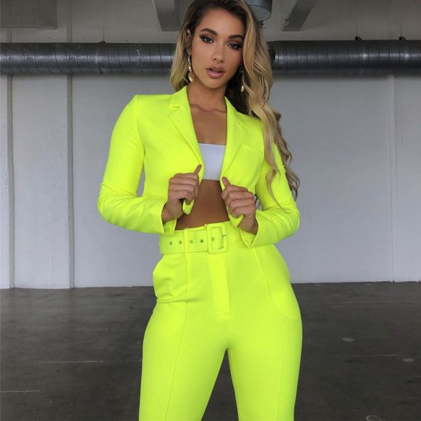 

casual solid women pant suits notched collar blazer jacket & pencil pant khaki female suit autumn 2019 g30, White;black