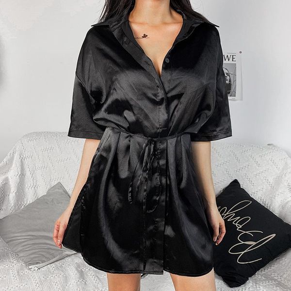 

женщины 2020 летнее платье атласные свободные v-образным вырезом с коротким рукавом с поясами одежда для уличной одежды sexy slik shirt dres, White