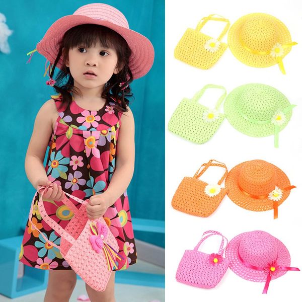 Bella multi colore di estate Cappello per il sole ragazze bambini del cappello di paglia cappelli della spiaggia Flower Bag Tote Bags vestito di marca Nuovo