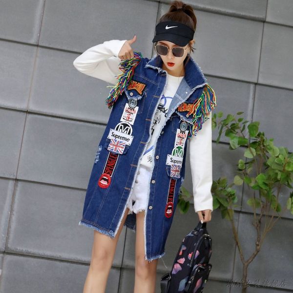 

2019 high-end tassel bomber appliques denim jacket print letter coats loose holes outwear women blusas, Black;brown
