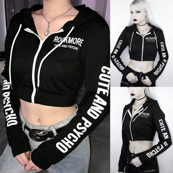 

letter print pullover blouse streetwear coat women solid hooded t-shirtÂ cropped long sleeve sweatershirt shirts, Black