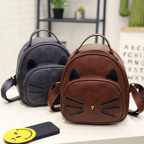 

2019 mini female backpack pu leather backpacks cute cat shoulder school bags for girls small cartoon rucksacks
