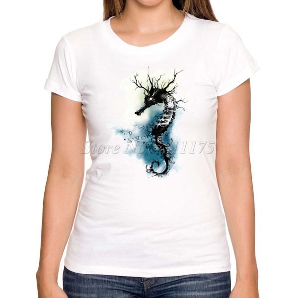 

2020 summer women novelty t shirt fashion ink seahorse design tee shirts, White