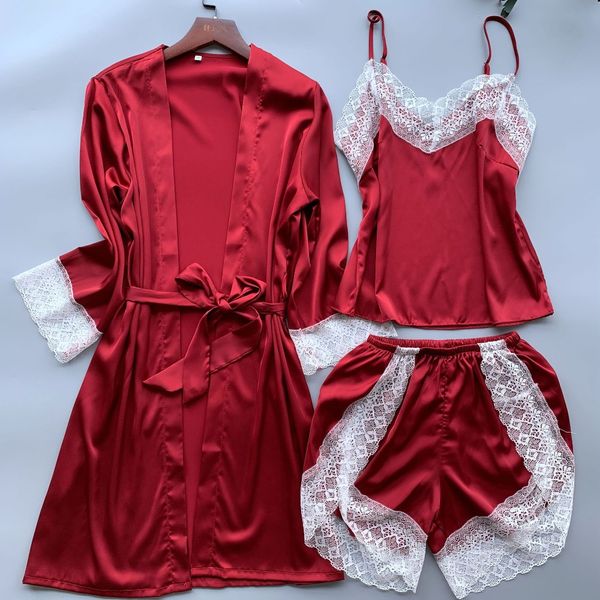 

весна осень женщина sexy silk satin пижама набор кружево пижама set 3 шт robe + слип top + короткий pant мода ночное homewear, Black;red