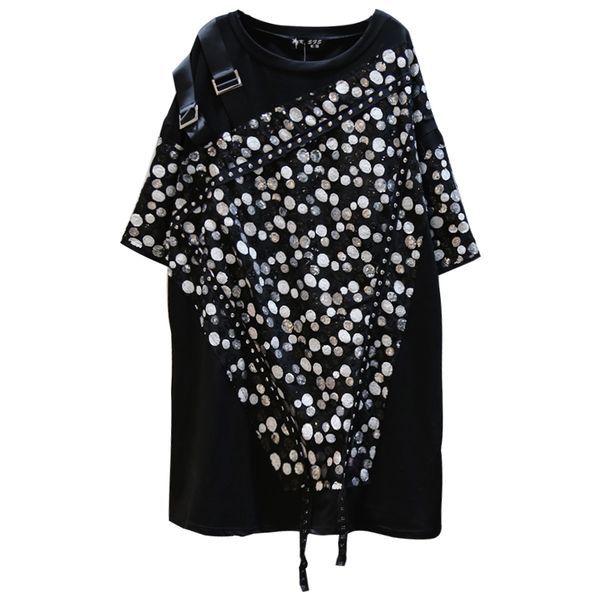 

big size 2020 spring short sleeve black sequined dresses loose women dress fashion vestidos punk dresses straps sa650s30, Black;gray
