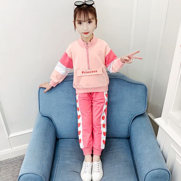 

girls clothing sets autumn winter kids active jackets coat + side striped heart pants pattern girl outewear children clothes set t200414, White