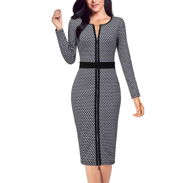 

vfemage women autumn winter elegant front zipper contrast long sleeve slim work office business party cocktail sheath dress 1520, Black;gray
