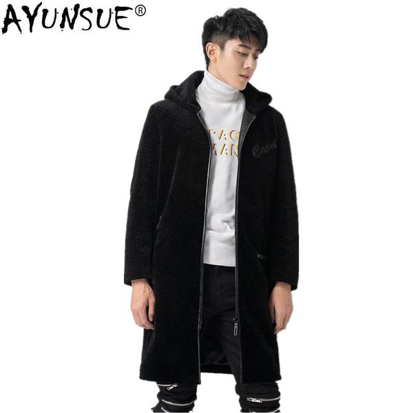 

ayunsue real fur coat winter jacket men sheep shearling fur coat mens jackets and coats autumn long z181807 my1227, Black