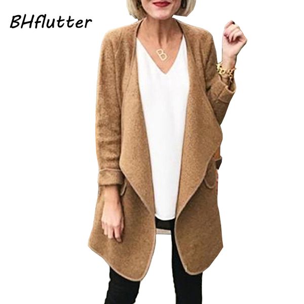 

bhflutter 2019 winter coat women fashion long sleeve open stitch overcoat turn-down collar wool outerwear abrigo mujer, Black