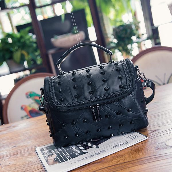

evening bags fashion black genuine leather style shoulder bag women's riveting nail