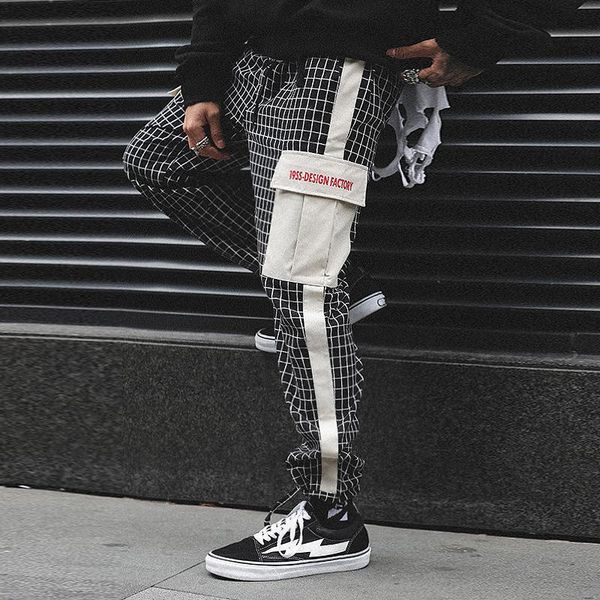 

sweatpants 2019 spring autumn new fashion tide overalls loose hip hop plaid wide thin streetwear preppy style, Black