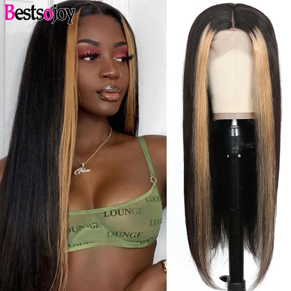 

ojoy lace front wigs for women ombre with highlight colored human hair wig brazilian straight color lace frontal wigs, Black;brown