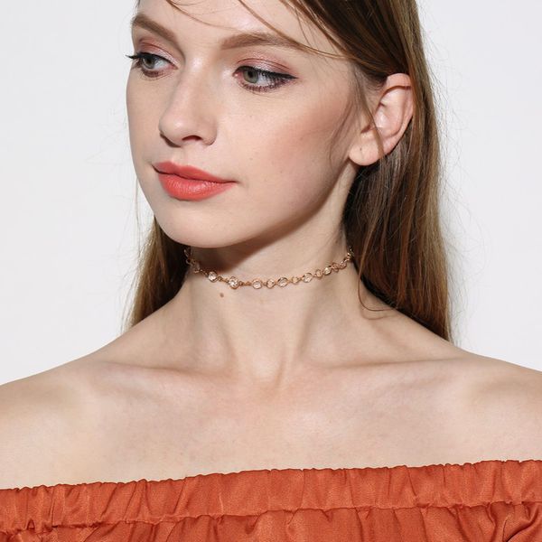 

classic jewelry metal chain choker necklace crystal beads slender necklaces golden color charm accessories for women, Golden;silver
