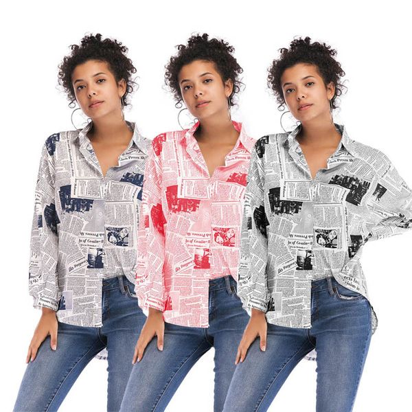 

Fashion Newspaper Print Women Blouse Shirt Loose Turn Down Collar Long Sleeve Blouses Tops Wild Casual Shirts