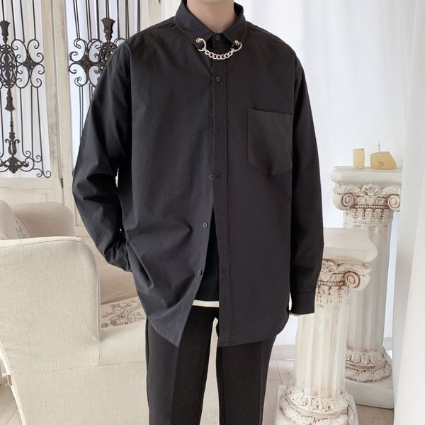 

men's dress shirts autumn shirt fashion solid color business casual men streetwear wild loose korean long-sleeved mens, White;black