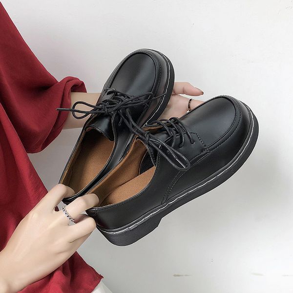 

casual woman platform shoes all-match 2019 fashion women's oxfords round toe flats british style new cross retro modis leather, Black