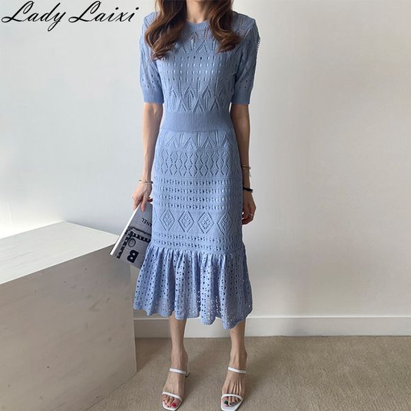 

2019 autumn women hollow out knitted dress short sleeve sweater long chic dress elegant midi bodycon mermaid, Black;gray